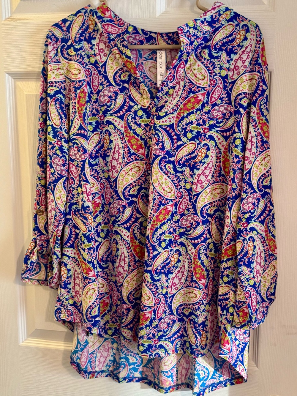 Dear Scarlett Blue Paisley V-Neck Top with Multicolor Accents